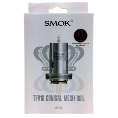 SMOK TFV16 conical mesh coil packaging showing three coils with nexMESH technology graphic.