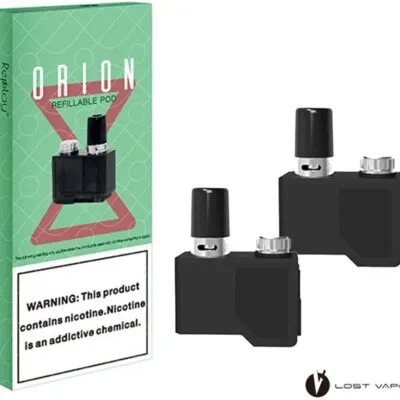 Orion refillable pods with packaging and warning label about nicotine addiction.