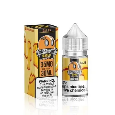 Air Factory Mango 35mg nicotine salt e-liquid bottle and box with warning label.