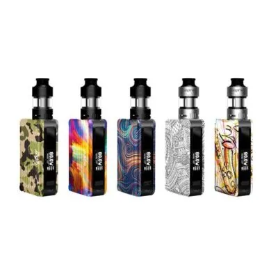 Five colorful Aspire Puxos vape devices with different artistic designs.