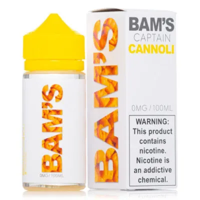 BAM'S Captain Cannoli e-liquid bottle and box with nicotine warning label.