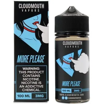 Cloudmouth Vapors e-liquid bottle and box, "More Please" flavor, 100 ml, 3 mg nicotine warning included.