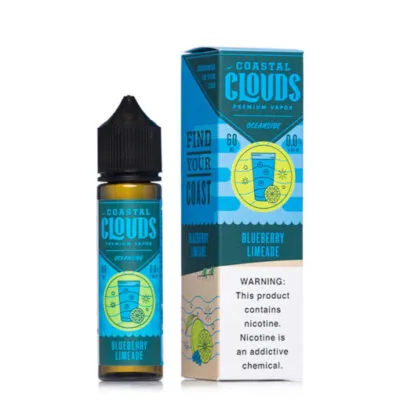 Coastal Clouds Oceanside Blueberry Limeade vape juice bottle and box with warning label.