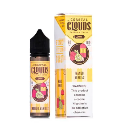 Coastal Clouds Mango Berries vape juice bottle and packaging, featuring fruit illustrations and nicotine warning.