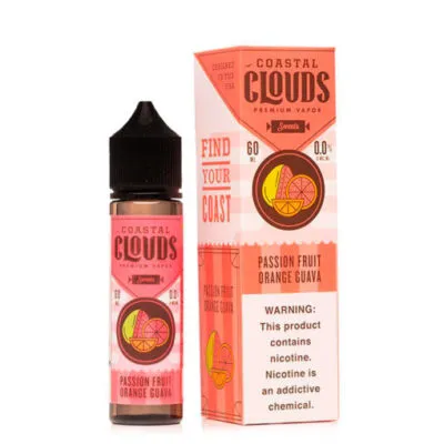 Coastal Clouds Passion Fruit Orange Guava vape juice bottle and box with fruit illustrations.