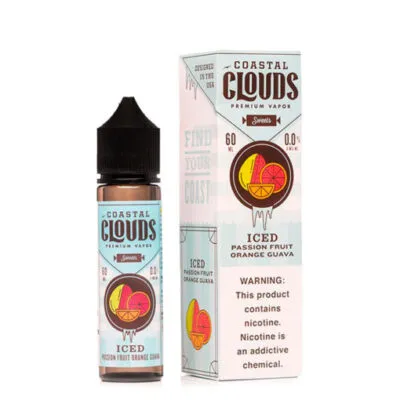Coastal Clouds ICED Passionfruit Orange Guava vape juice bottle and packaging.
