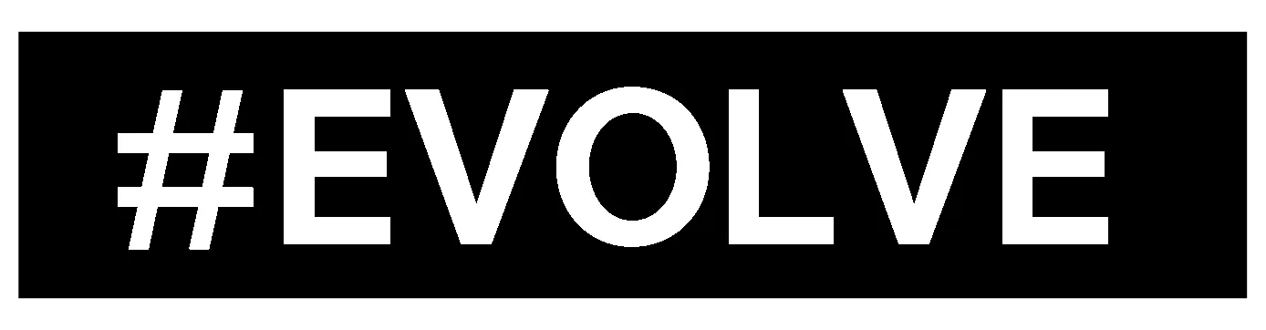 #EVOLVE text in bold white letters on a black background.