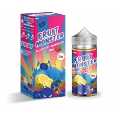 FRUIT MONSTER Blueberry Raspberry Lemon e-liquid bottle and box, featuring vibrant fruit imagery.