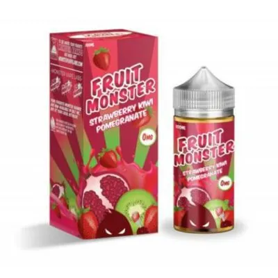 FRUIT MONSTER Strawberry Kiwi Pomegranate e-liquid bottle and box, featuring images of strawberries, kiwi, and pomegranate.