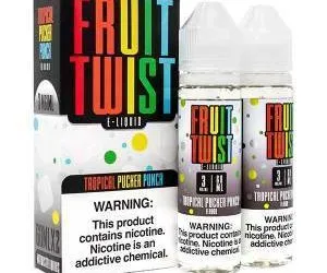 FRUIT TWIST Tropical Pucker Punch 120ML e-liquid bottles and packaging with warning labels.