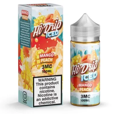 HI DRIP ICED Mango Peach vape juice bottle and box, 3mg nicotine, 100ml with splash and fruit graphics.