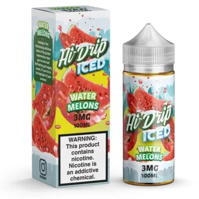 HI DRIP ICED Water Melons e-liquid bottle and box, 3MG nicotine, 100ML size, featuring watermelon imagery.
