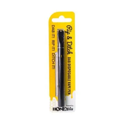 HONEYSTICK Rip and Ditch disposable vape pen in packaging with yellow and black branding.