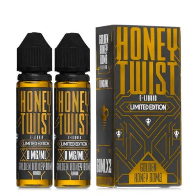 Two Honey Twist E-Liquid bottles and their box, labeled "Golden Honey Bomb" and "Limited Edition".