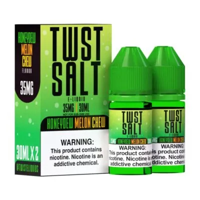 Two green Twist Salt Honeydew Melon Chew e-liquid bottles and packaging with nicotine warning.