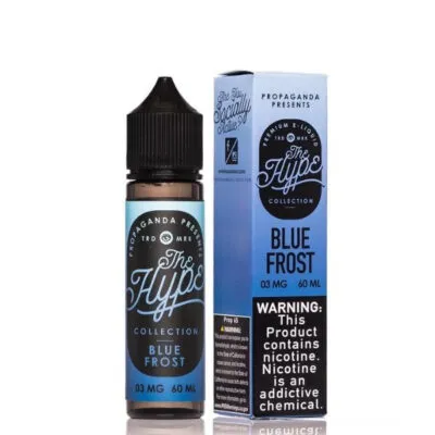 Hype Blue Frost E-Liquid 60ML bottle and packaging by Propaganda, nicotine warning label visible.
