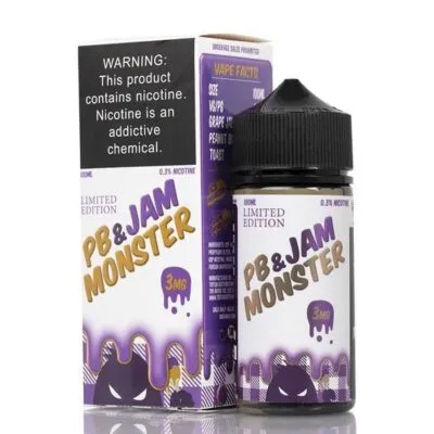 JAM MONSTER PB AND JAM 100ml bottle and packaging with nicotine warning.