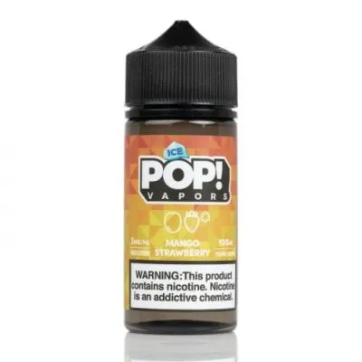 Bottle of Pop! Vapors Juicy Mango Strawberry Iced e-liquid, 100ml, with a nicotine warning label.