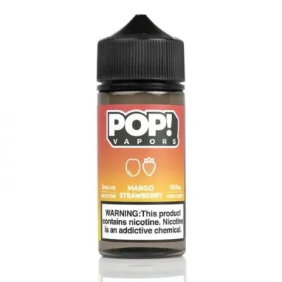 POP! Vapors 100ml bottle labeled Juicy Mango Strawberry with nicotine warning.