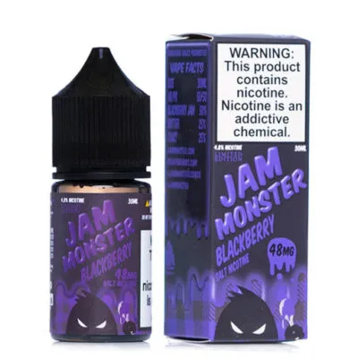 JamMonster Blackberry vape juice bottle and box with nicotine warning label.