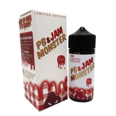Jam Monster PB & Jam vape juice bottle and box, limited edition, with red branding and monster graphic.