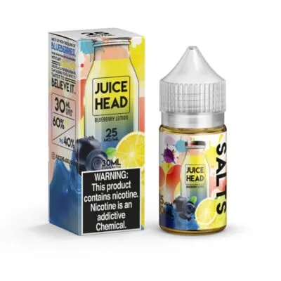 Juice Head Salts Blueberry Lemon vape juice bottle and packaging with flavor images and nicotine warning.