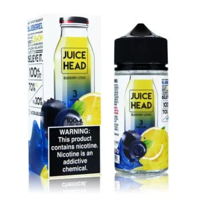 Juice Head Blueberry Lemon e-liquid bottle with packaging, featuring blueberries and lemon graphics.