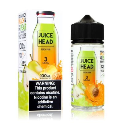 JUICE HEAD Peach Pear 100ML bottle and packaging, featuring peaches and pears, nicotine warning label visible.
