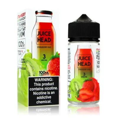 Juice Head Strawberry Kiwi e-liquid bottle and packaging with nicotine warning label.