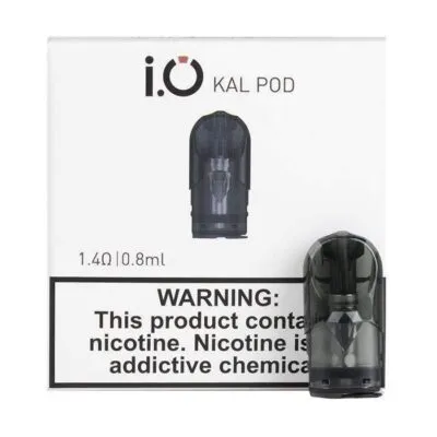 i.O KAL Pod cartridge packaging with health warning, showing 1.4Ω, 0.8ml capacity.