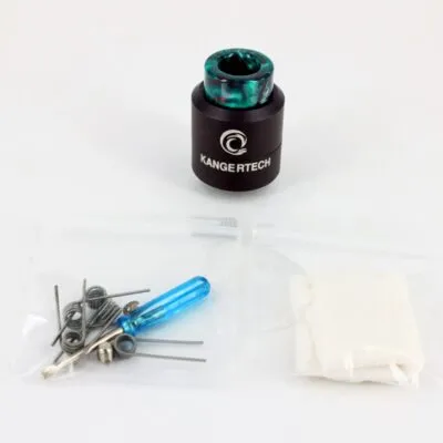 Kangertech AITE RDTA tank with coils, screwdriver, and cotton pads.