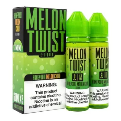 Two green bottles of MELON TWIST e-liquid next to packaging, labeled "Honeydew Melon Chew 120ML".