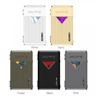 Five MVP5 devices in different colors: White, Sand, Forest, Black, Grey, each with a colored accent and ribbed texture.