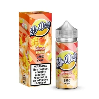Hi-Drip Mango Peach e-liquid bottle and packaging with warning label.