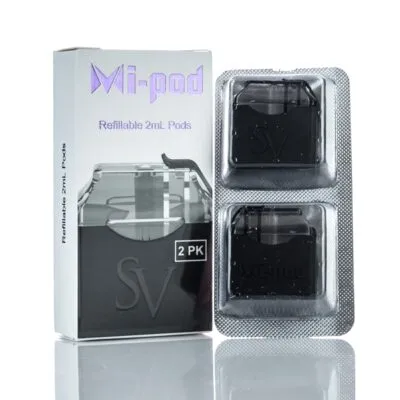 Mi-Pod refillable 2ml pods packaging with two black pods in blister pack.