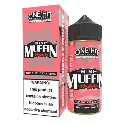 Mini Muffin Man e-liquid bottle and box by One Hit Wonder, warning of nicotine as an addictive chemical.