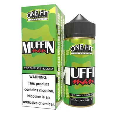 One Hit Wonder Muffin Man E-Liquid 100ml bottle with box, nicotine warning label visible.
