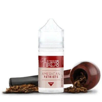E-liquid bottle labeled "NKD 100 American Patriots" with tobacco leaves and a pipe.