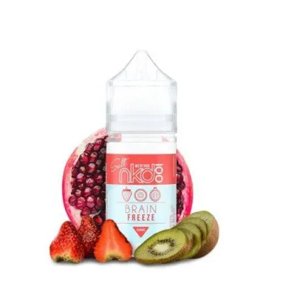 NKD 100 Brain Freeze bottle surrounded by strawberries, kiwifruit, and pomegranate seeds.
