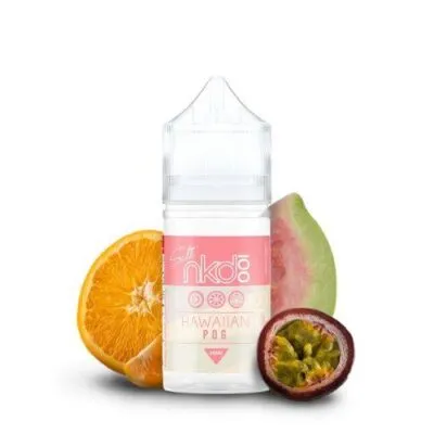 E-liquid bottle with Hawaiian Pog label, surrounded by sliced orange, guava, and passion fruit.