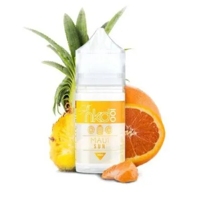 Vape juice bottle labeled "NKD 100 Maui Sun" with pineapple and orange slices.