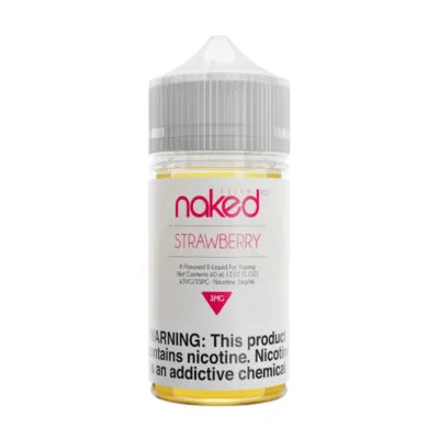 Naked 100 Cream Strawberry vape juice bottle with caution label about nicotine content.