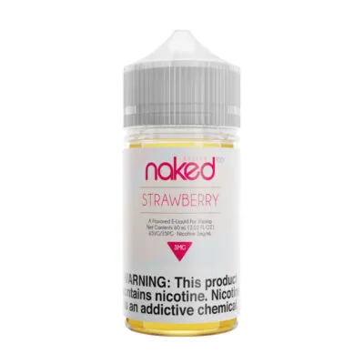 Naked 100 Fusion Strawberry e-liquid bottle with warning label, 3mg nicotine, 60ml size.