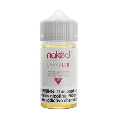 Naked 100 Ice Lava Flow vape juice bottle with flavor and nicotine warning label.