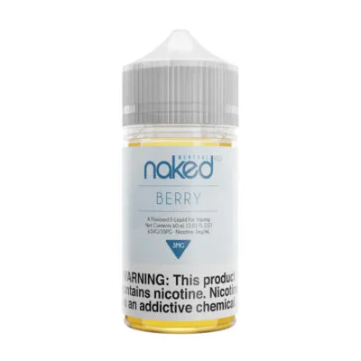 Naked 100 Menthol Berry vape juice bottle with warning label and blue accents.