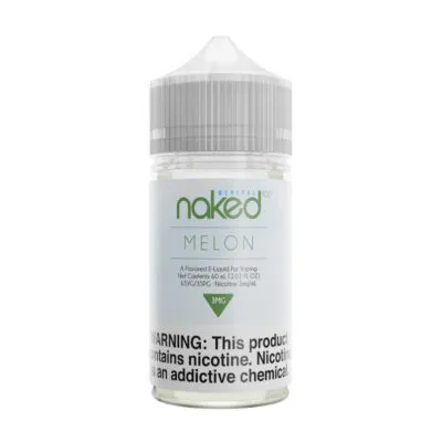 Naked 100 Menthol Melon e-liquid bottle with nicotine warning label.