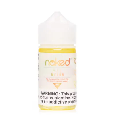 Naked 100 Original All Melon e-liquid bottle with nicotine warning label.