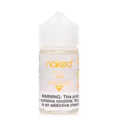 Naked 100 Original Maui Sun e-liquid bottle with warning label, featuring citrus and tropical imagery.