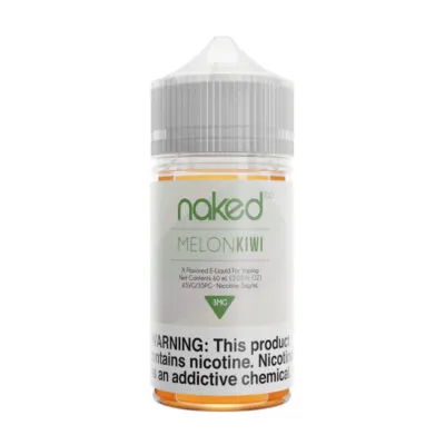 Naked 100 Original Melon Kiwi e-liquid bottle with nicotine warning label.