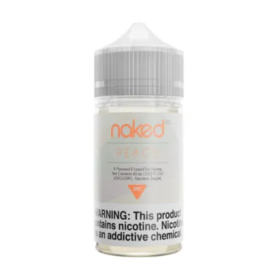 Naked 100 Original Peach e-liquid bottle with product label and nicotine warning.